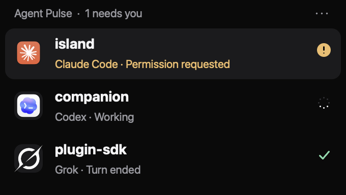 Agent Pulse example with Claude Code requesting permission, Codex working, and a Grok turn ended